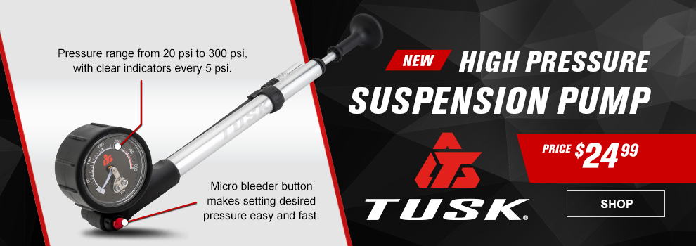 New, Tusk High Pressure Suspension Pump, Price $24 and 99 cents, the pump, call-out, Pressure range from 20 psi to 300 psi with clear indicators every 5 psi, call-out, Micro bleeder button makes setting desired pressure easy and fast, link, shop